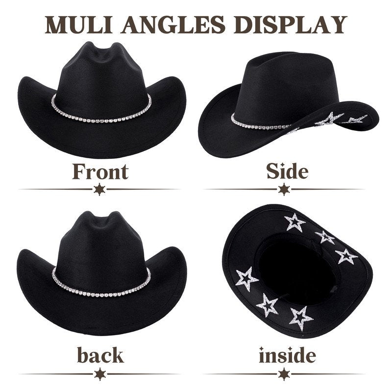 Black-Star Wide Brim Cowboy Hat with Rhinestone Glitter Band – Unisex Western Rodeo Hat for Men Women, Outdoor & Party Wear
