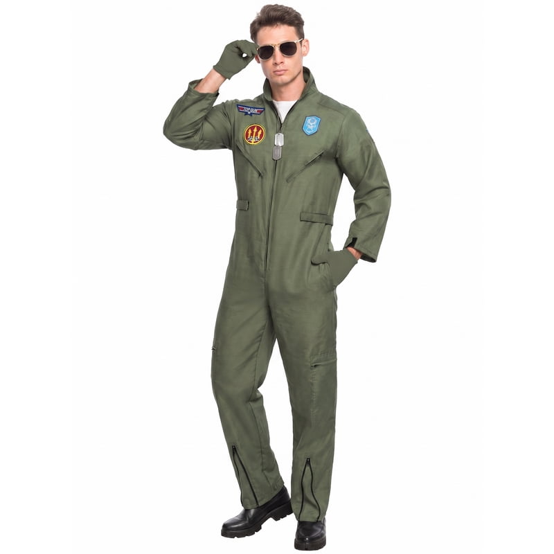 Adult Flight Pilot Costume M - Green Jumpsuit Military Aviator Uniform for Men Halloween