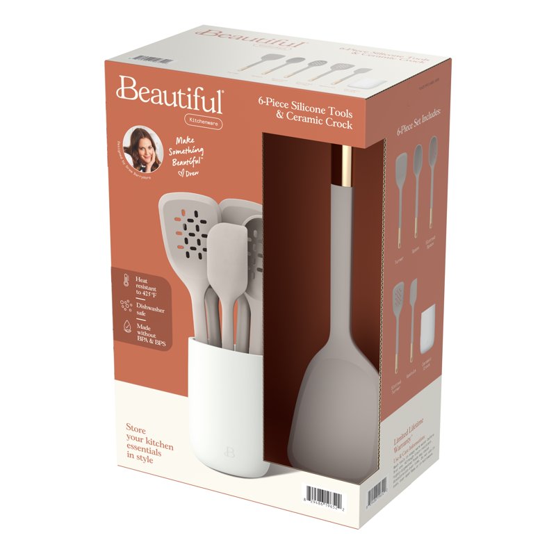 6-Piece Silicone Tool Set with Ceramic Crock - Porcini Taupe