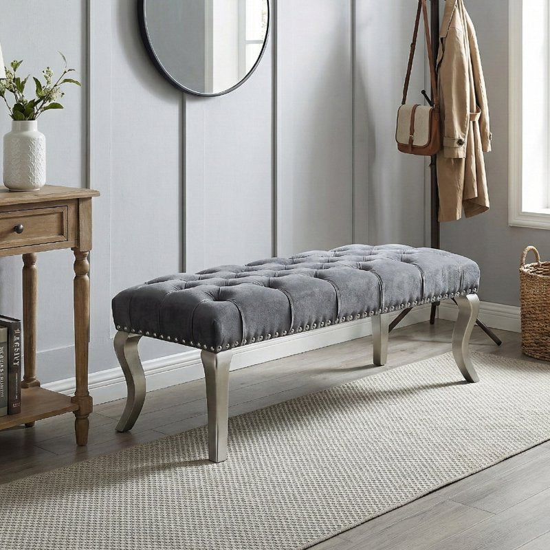 Upholstered Bench with Nailhead Trim - Soft Gray Velvet
