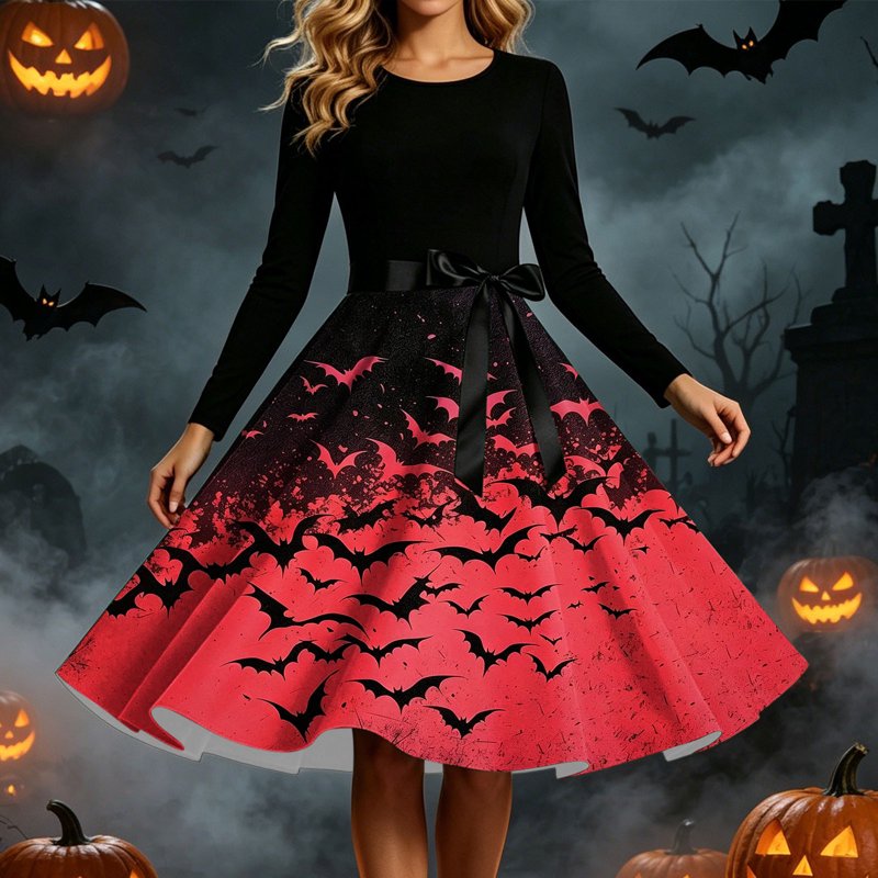 Women's Vintage Halloween Bat Print Swing Dress S - Red, 1950s Retro Gothic Midi