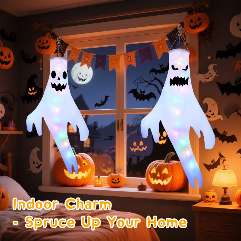 2 Pack Hanging Ghost Halloween Decor - Large Glowing LED Windsock with 3 Modes