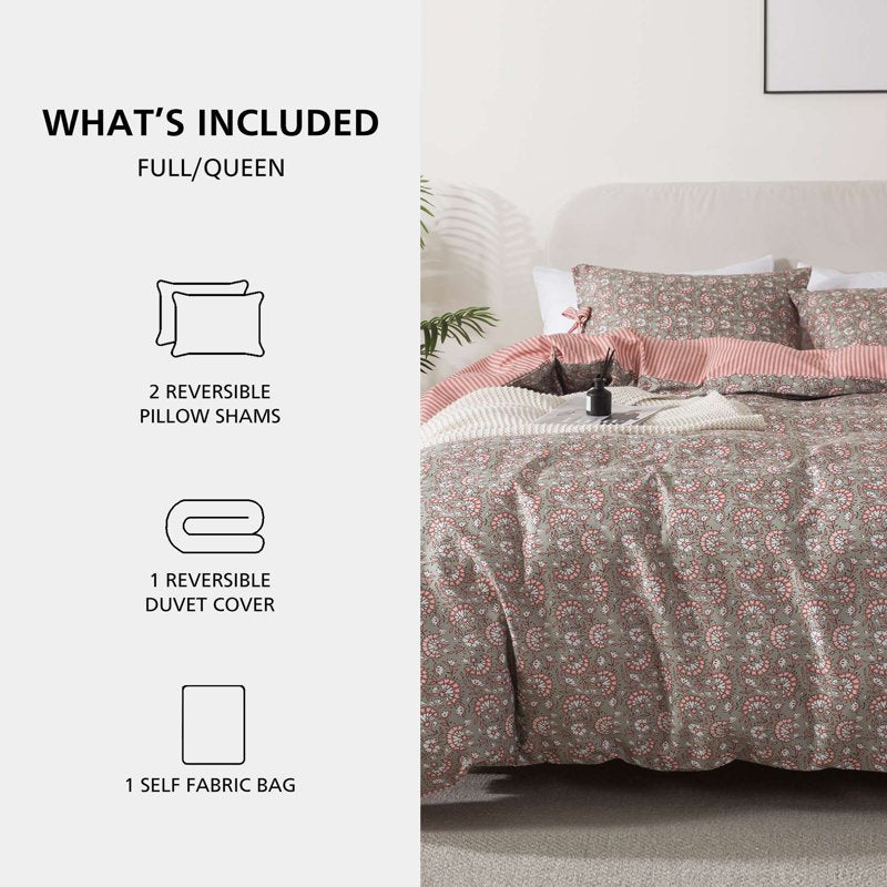 Reversible All-Season Full/Queen Duvet Cover Set with Floral Bowknot - Green