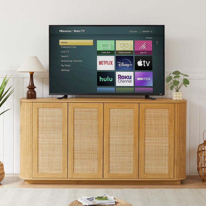 Media Console TV Stand for 64 Inch TV - Natural Oak with Rattan Doors