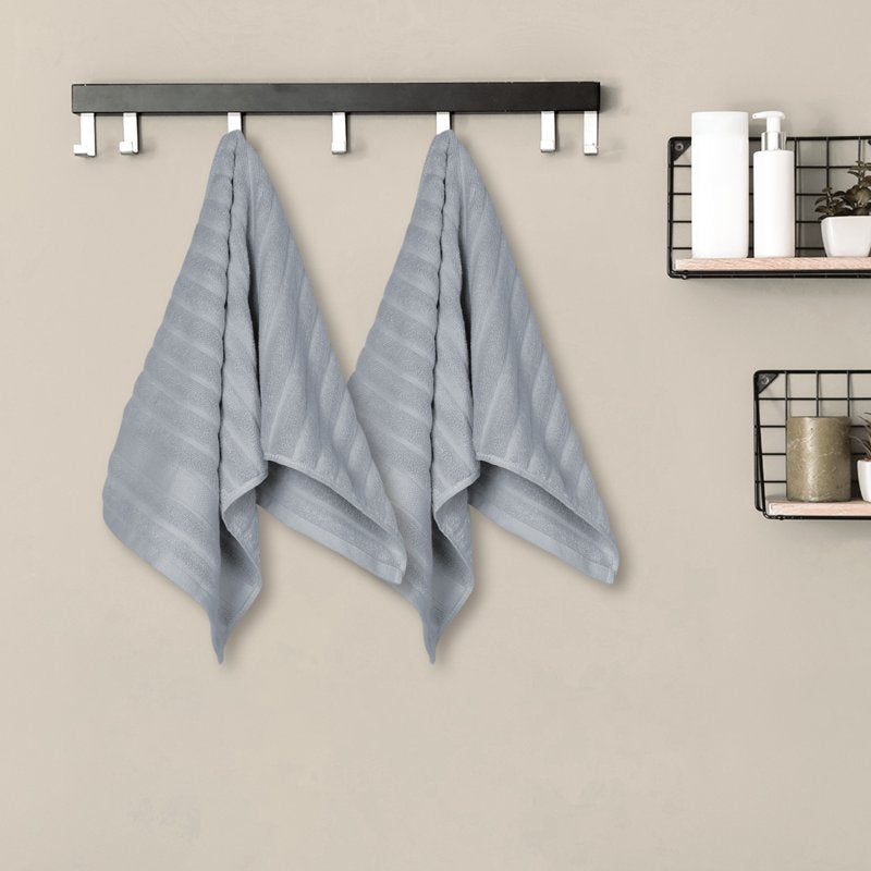 Cotton Hand Towels Set - Striped Pattern, Quick-Drying, 14x30 Inches, Grey Pink - Unique Bargains