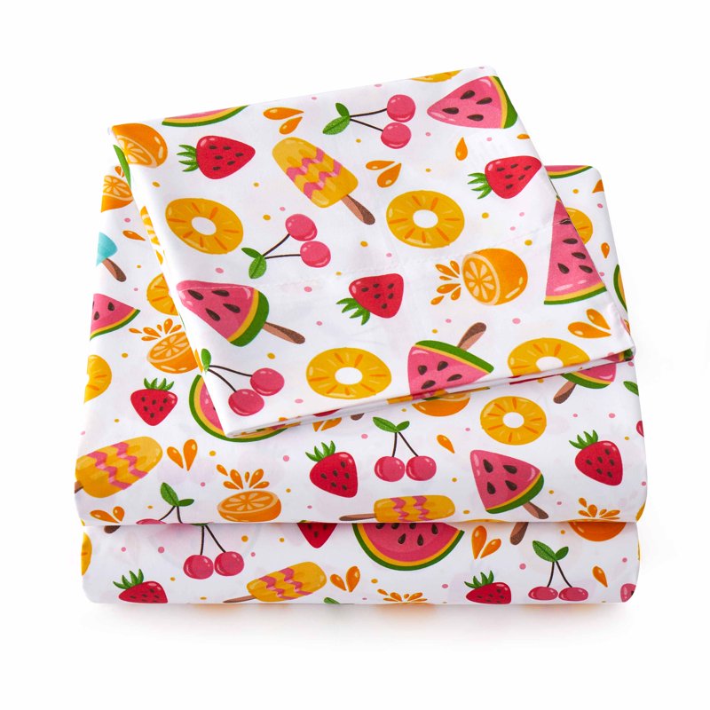 Kids Microfiber Sheet Set - Fruity Fun Full Size with Straps - Ultra Soft Bedding