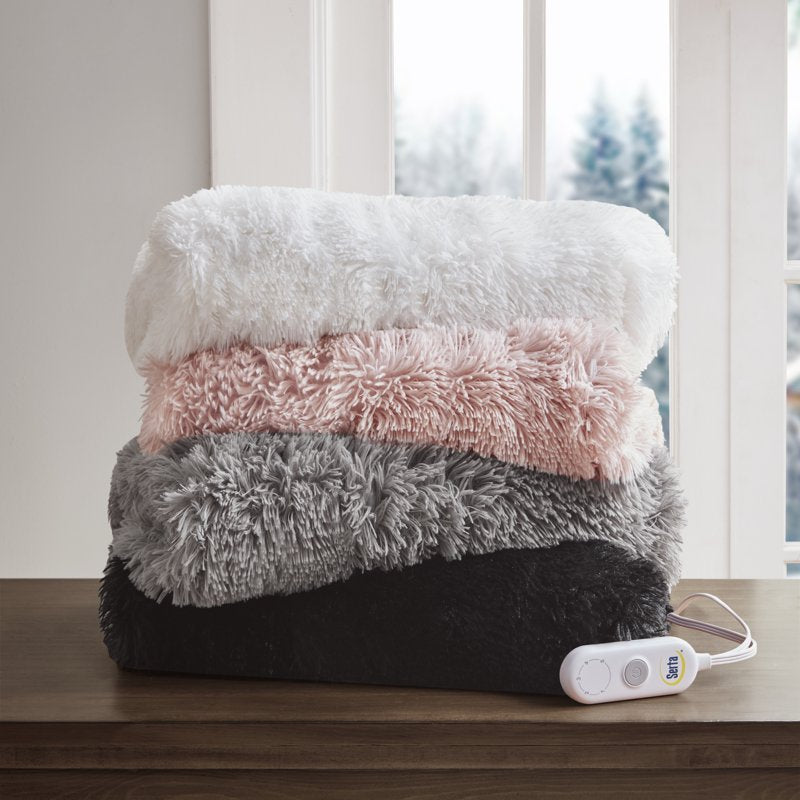 Black Serta Leena Shaggy Faux Fur Heated Throw Blanket 50x60 Inch - Electric Cozy Blanket with 5 Heat Settings