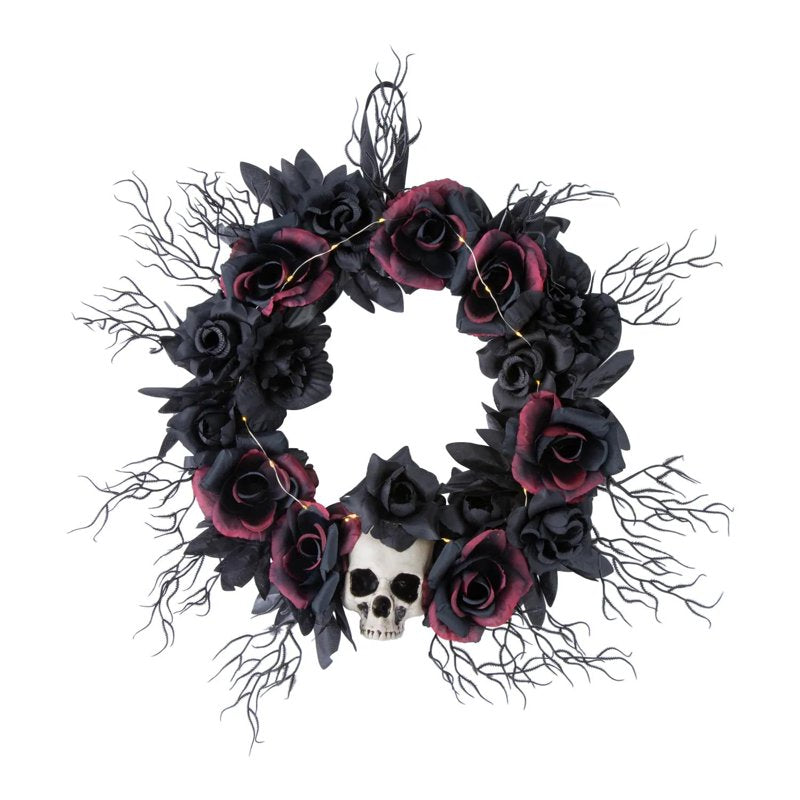 Light-Up Dead Roses Halloween Wreath - Black, Creepy Wall Decor