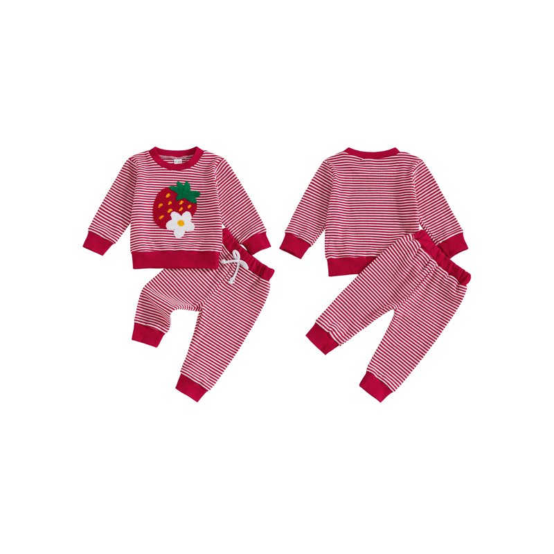 Toddler Girls Autumn Pants Outfit Set - Strawberry Embroidery, Long Sleeve Tops & Striped Pants, Style 1, 6-12 Months