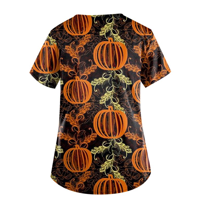 Gold Pumpkin Bat Printed Scrub Top for Women - Plus Size Halloween Nurse Uniform L