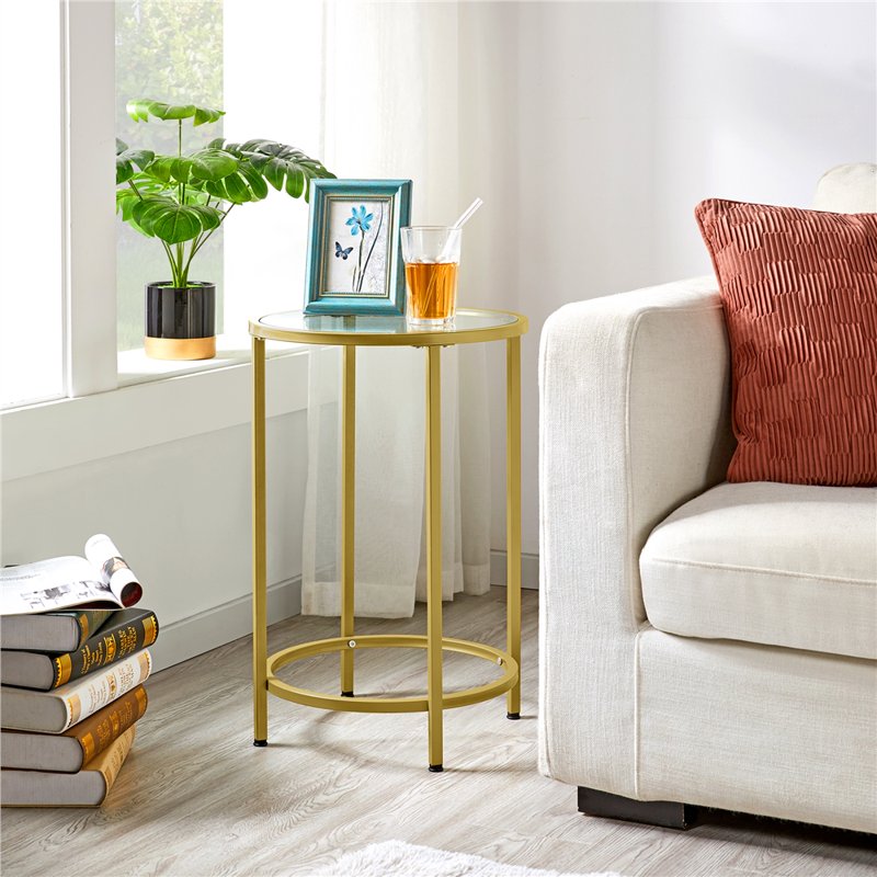 Round Metal End Table with Glass Top - Modern Accent Table