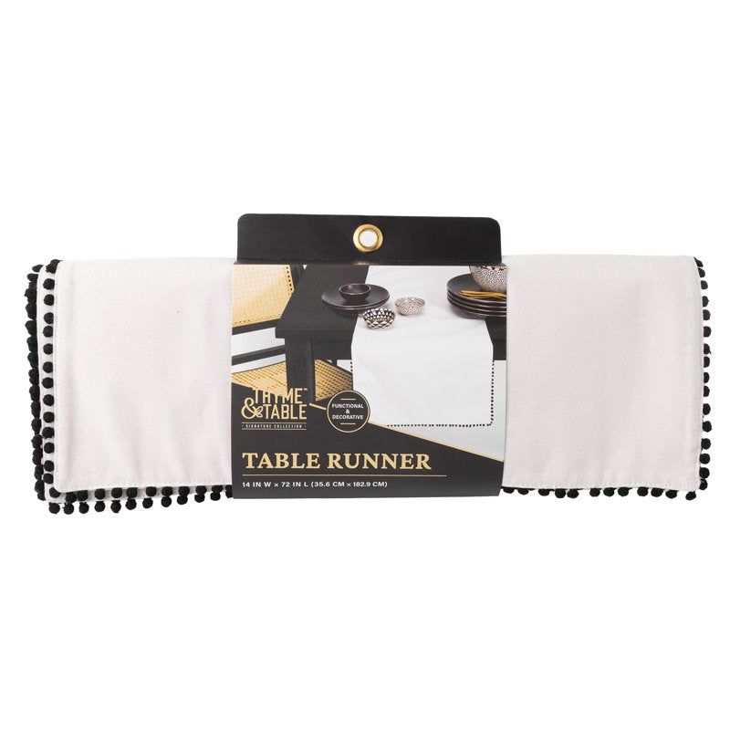 Ivory Table Runner with Black Pom Pom Trim - 14" x 72"