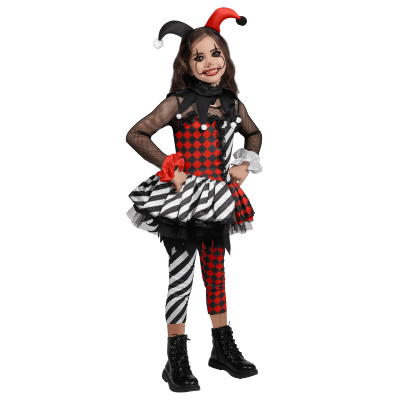 Girls Clown Costume Halloween Jester Dress for Girls - Black & Red, Size S (5-7 yrs)