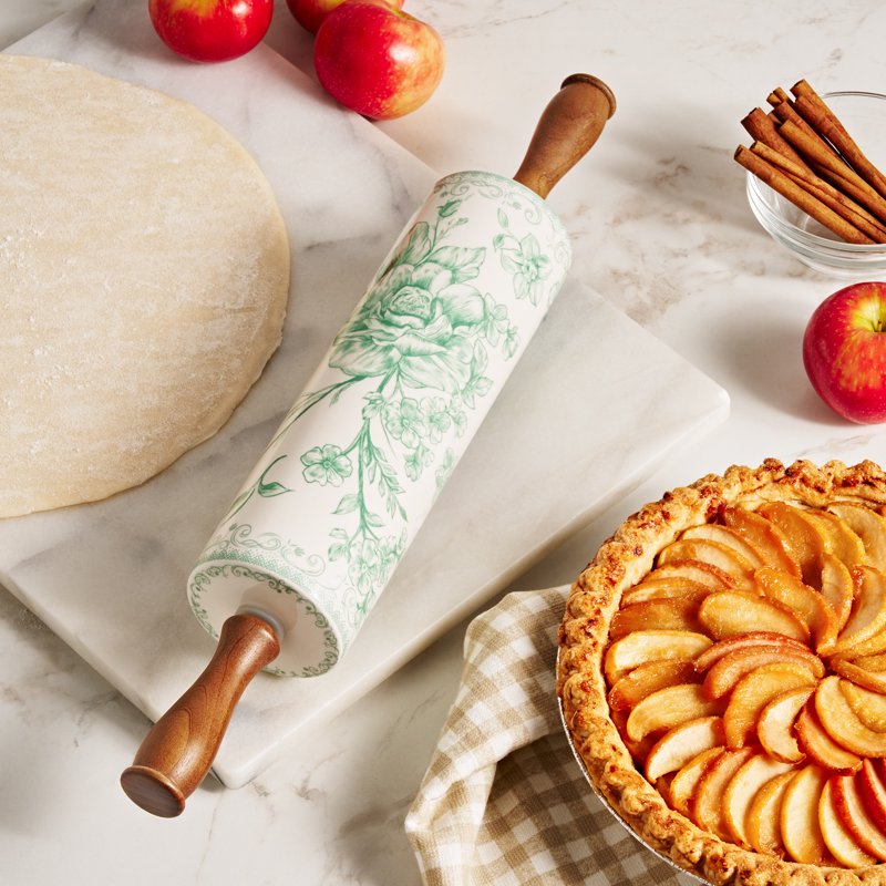 Ceramic Rolling Pin with Wood Handles - Green Floral Design