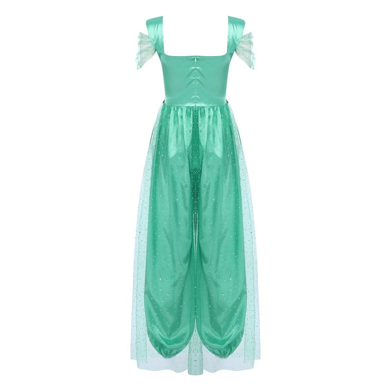 Women's Sequin Belly Dance Jumpsuit with Tulle Overlay - Turquoise 4XL