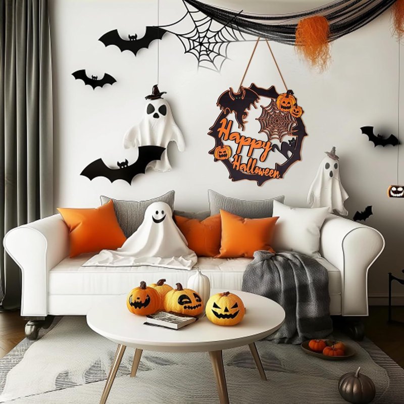 Halloween Wreath Decoration - Indoor Outdoor Spooky Door Wall Decor - Variation D