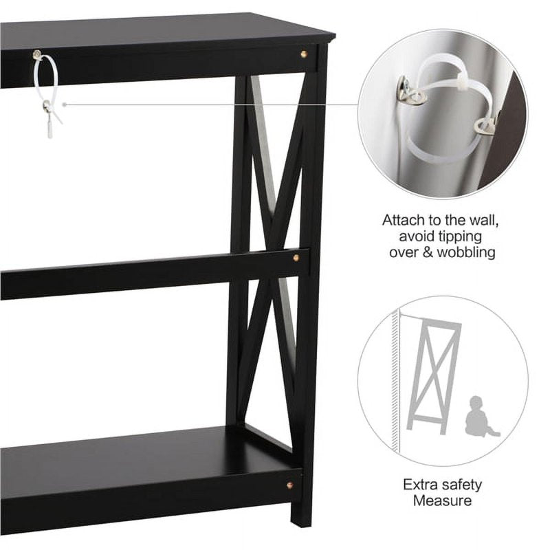 Console Table with Storage Shelf - Black Wood X-Design