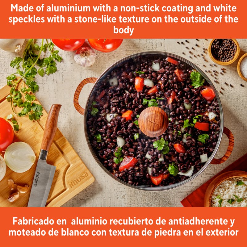 6.9qt Nonstick Aluminum Caldero with Glass Lid & Wood Look Handles
