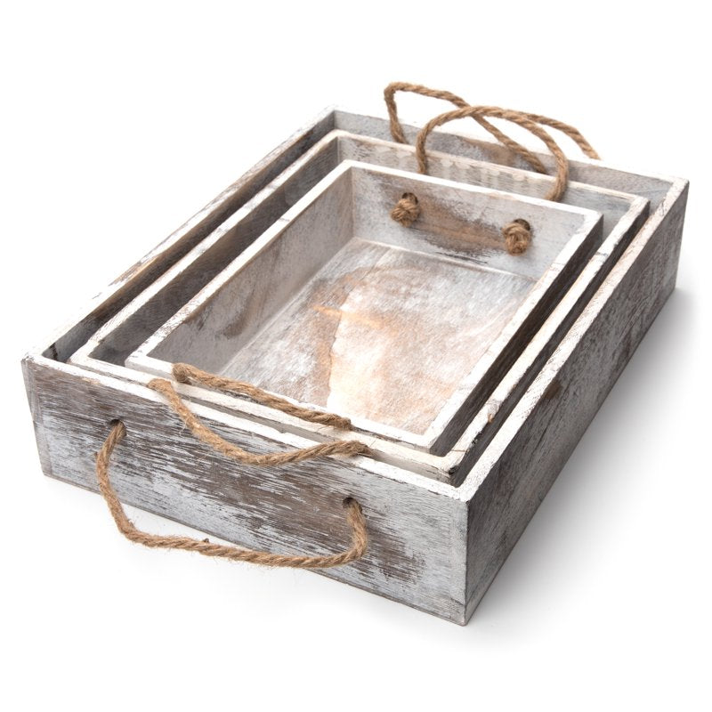 Rustic Wooden White Wash Nested Tray Set - 3 Pack