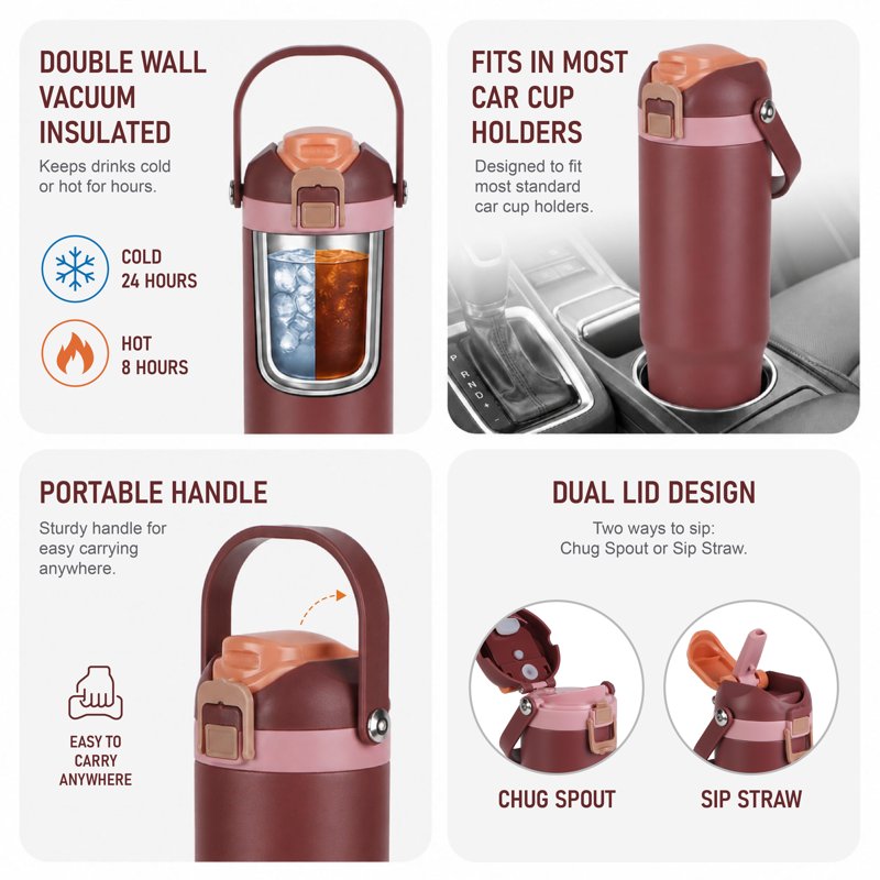 30oz Vacuum-Insulated Stainless Steel Tumbler with Dual Lids - Rose