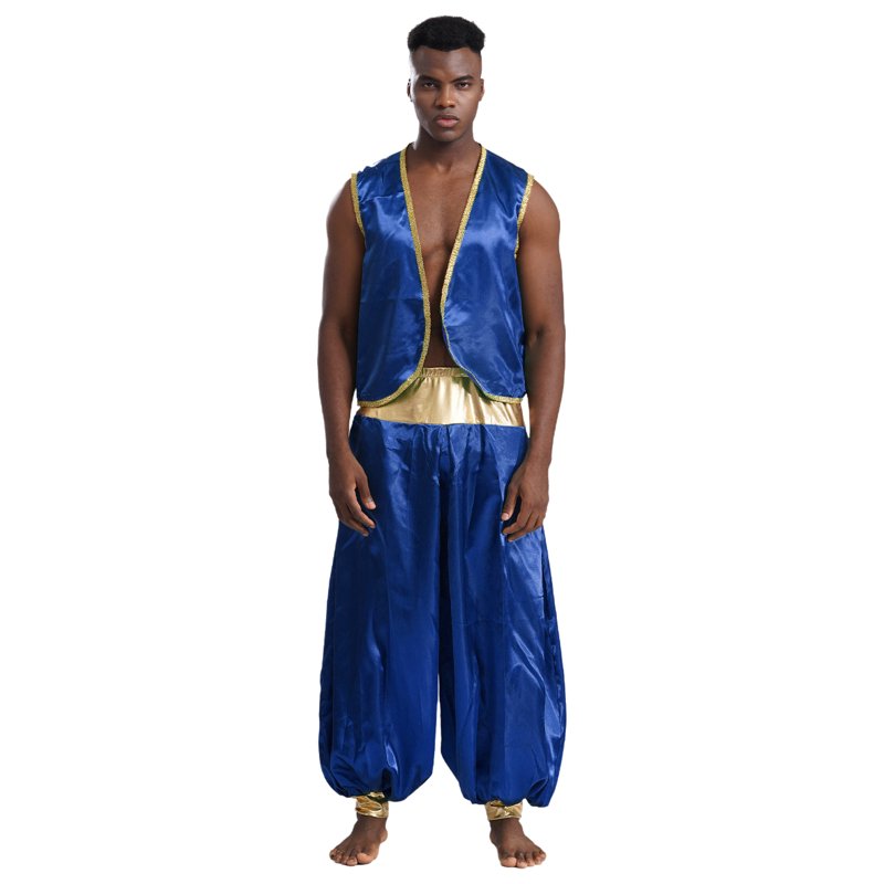 Arabian Prince Costume Set - Open Front Satin Vest & Pants, Royal Blue, Large
