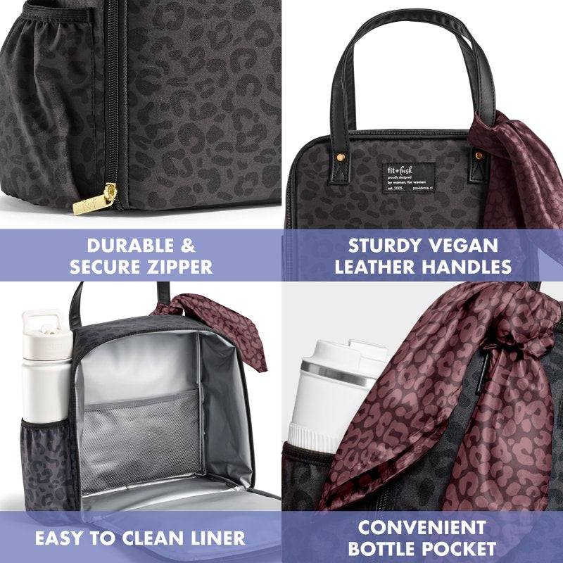 Large Insulated Lunch Bag for Women - 5 Pack with Scarf - Cheetah Black