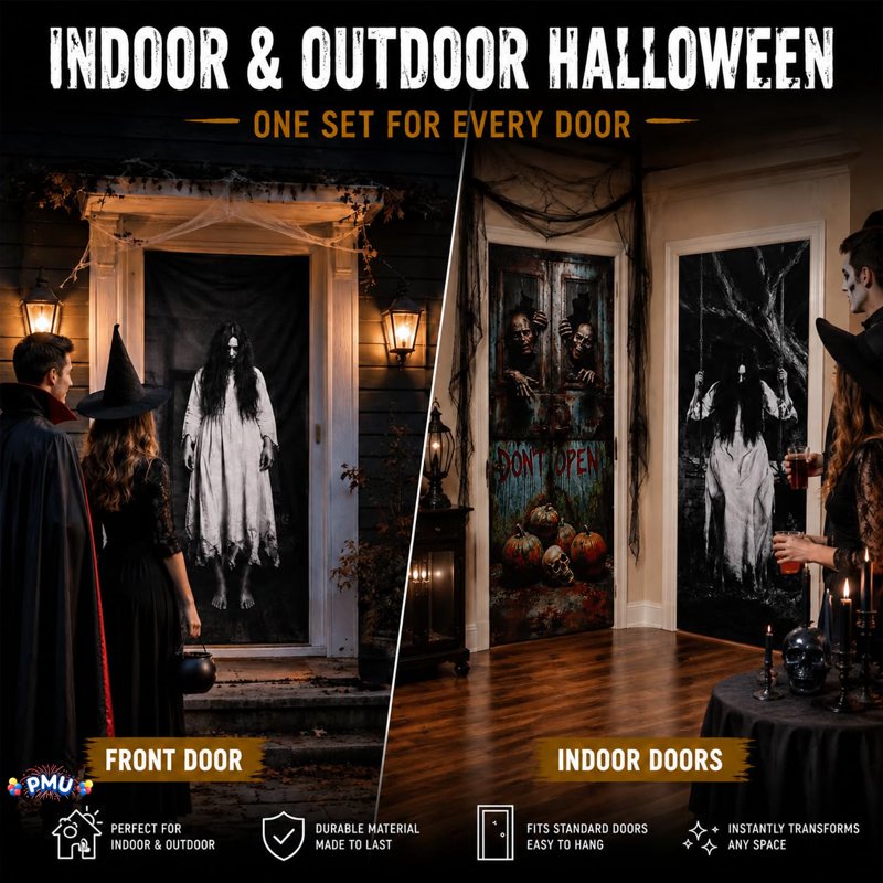 PMU Halloween Door Cover Set - 4 Bundles Spooky Outdoor Decor with Variation of 1