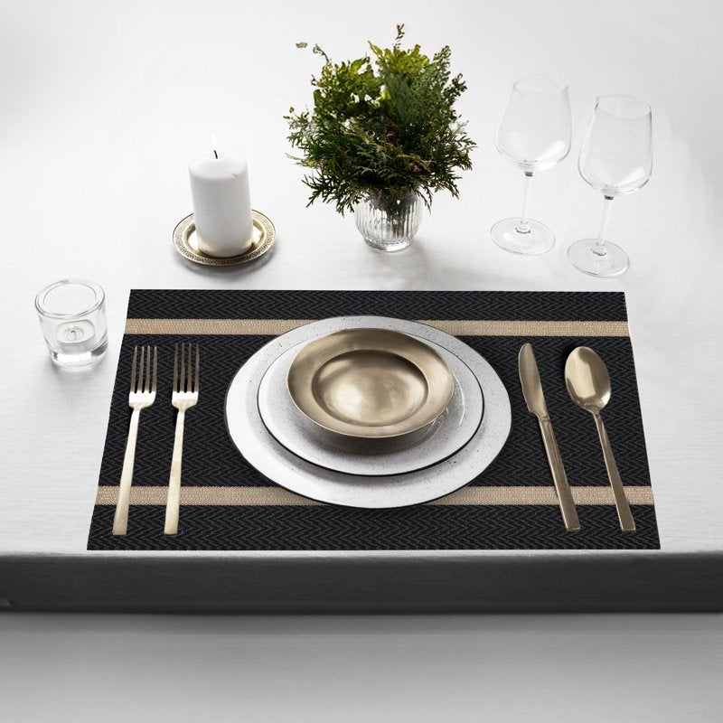 Elegant Set of 6 Non-Slip Placemats - 12x18 in Chevron with Gold Stripe