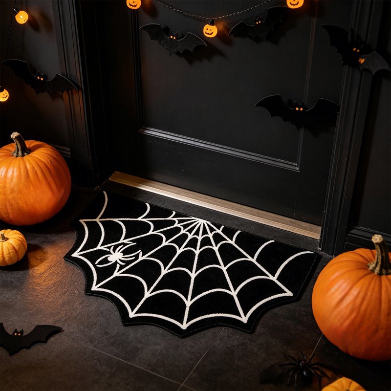 Halloween Spider Web Bath Mat - Non-Slip 24x16 Inch Gothic Rug for Bathroom & Entry - Variation A