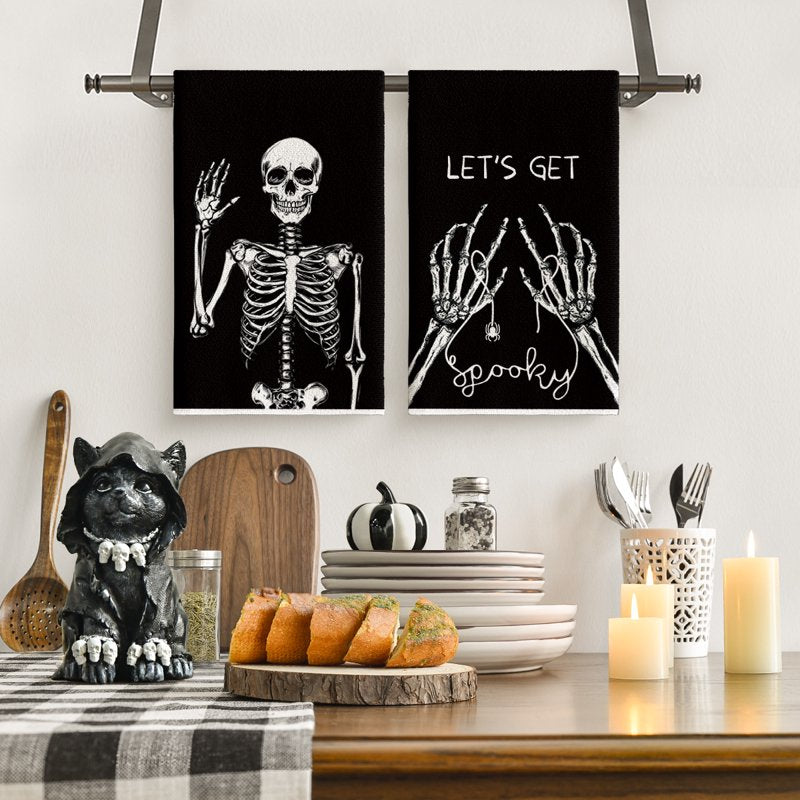 Spooky Skeleton Spider Bone Kitchen Dish Towels Set of 2 - 18x26 Inches, Variation C