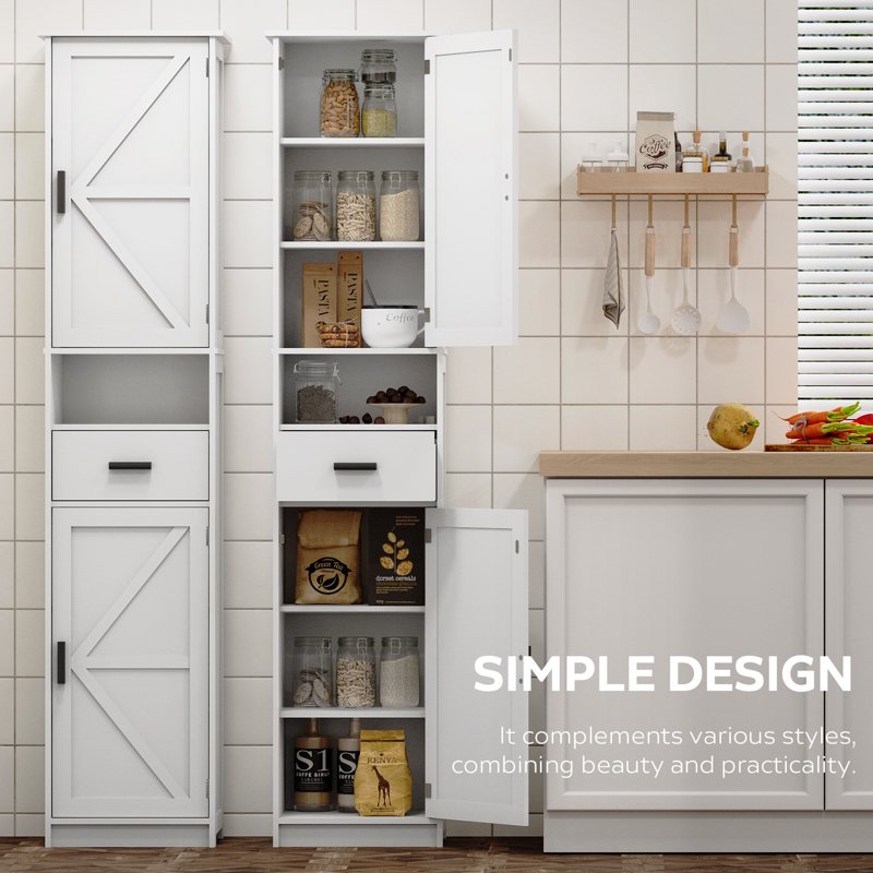 Floor Storage Cabinet - Wood Pantry Cabinet with Adjustable Shelves - White