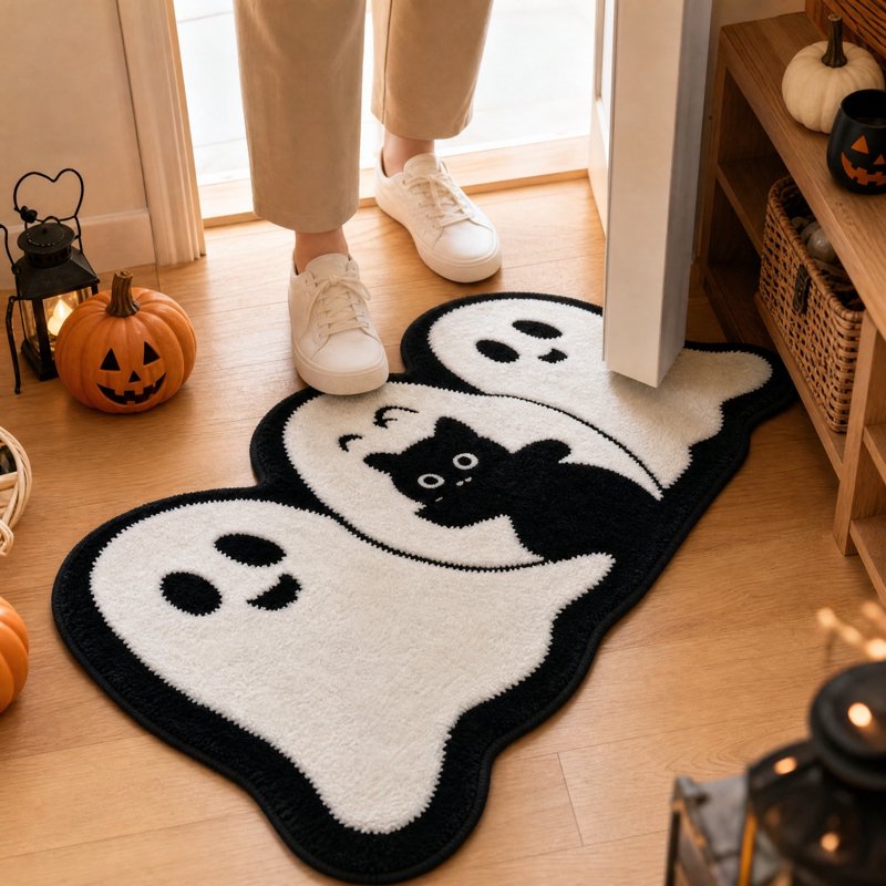 Halloween Door Mat 31.5x19.7in Ghost & Black Cat Crystal Velvet Welcome Indoor Rug - Variation of THIS listing