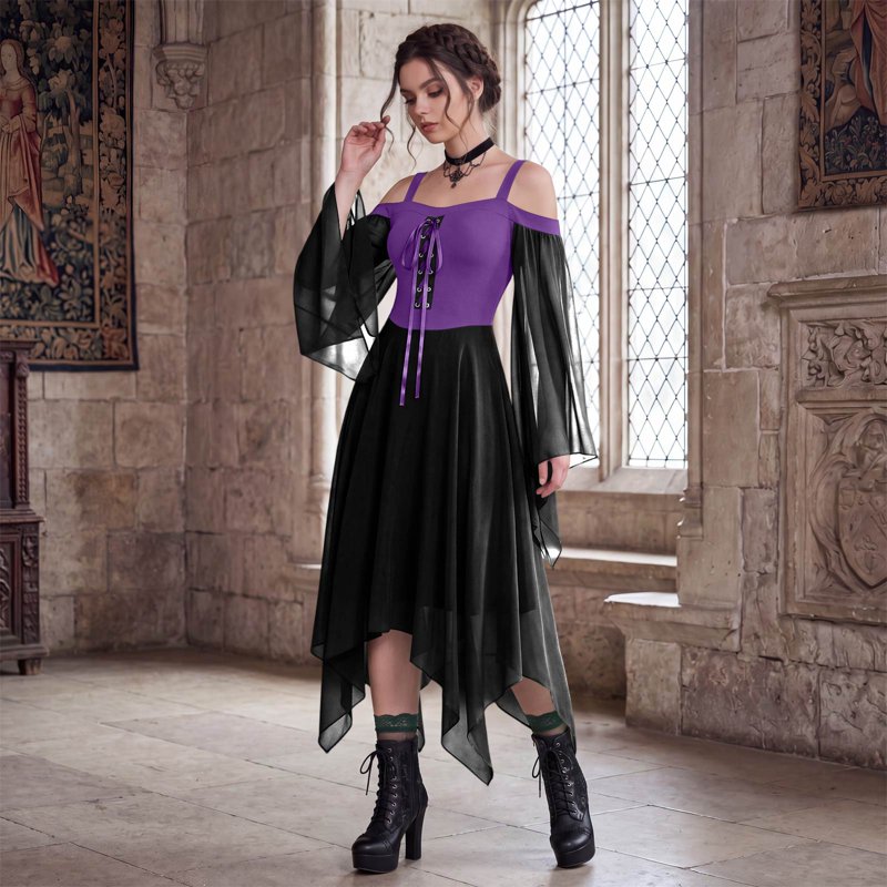 Dark Purple Witch Costume Women Halloween Dress Gothic Renaissance Medieval 2XL - Variation #01