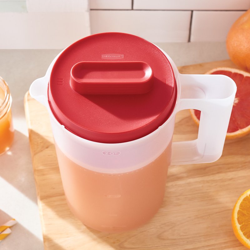 2 Pack Plastic Pitcher - Clear/Red, 2 Quart with Multi-Position Lid