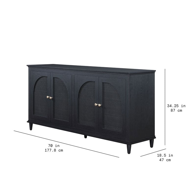 Drew Rattan 4-Door Buffet Cabinet - Black Finish, Adjustable Shelves