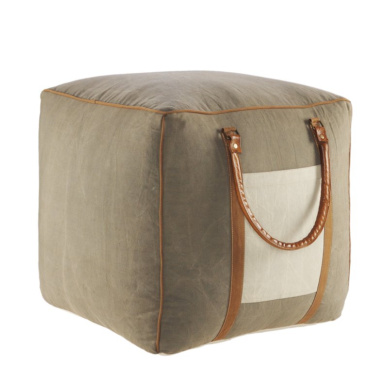 Lr Home Medium Taupe Bordered Indoor Square Pouf - 20x20x20 Inch