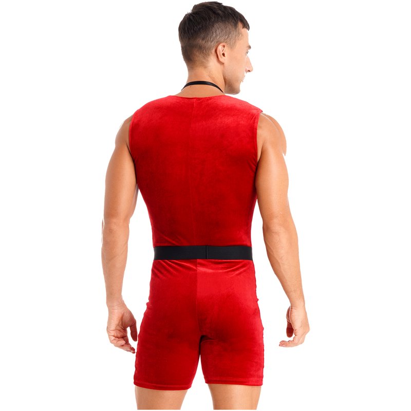 Men's Christmas Santa Claus Cosplay Costume Bodysuit & Hat Set - Red M