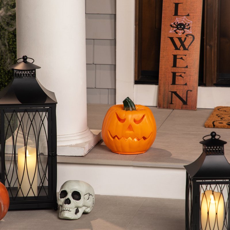 Animated Double-Sided Halloween Jack-O-Lantern with LED Lights and Spooky Sounds - Orange/Green
