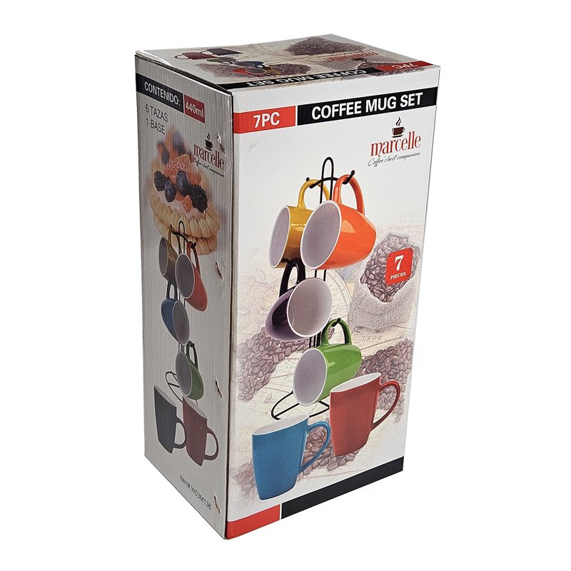 Multi Color 6-Piece Ceramic Coffee Mug Set with Metal Stand - 15 oz