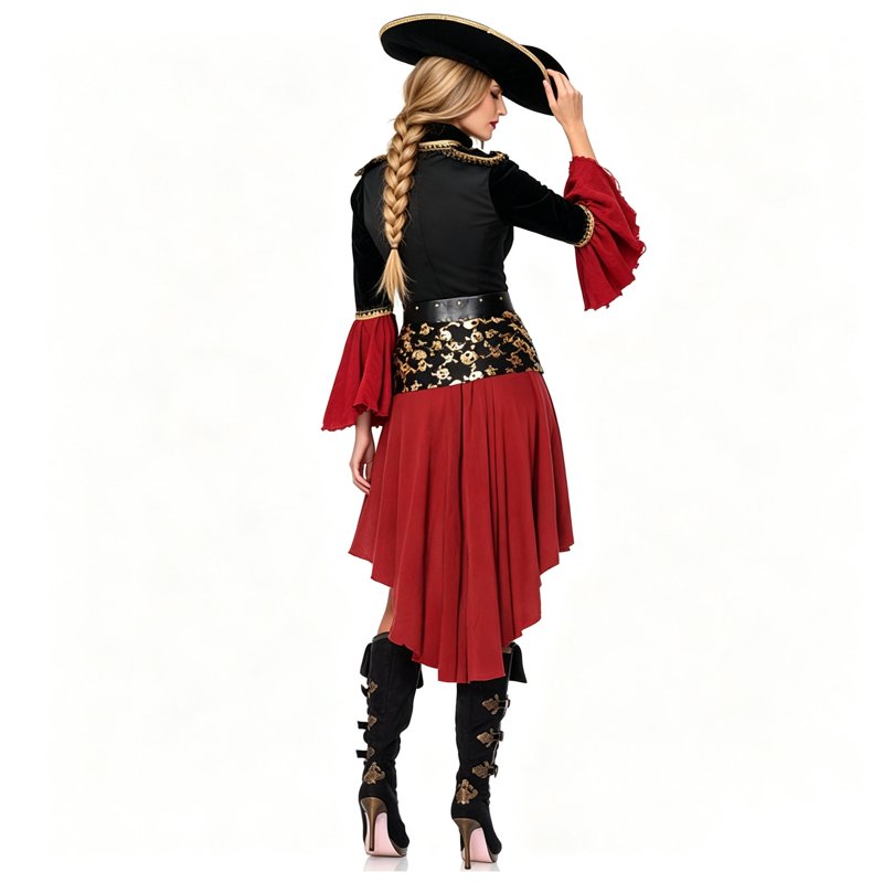 Women's Pirate Costume Renaissance Dress with Belt & Hat - XL Red Variation