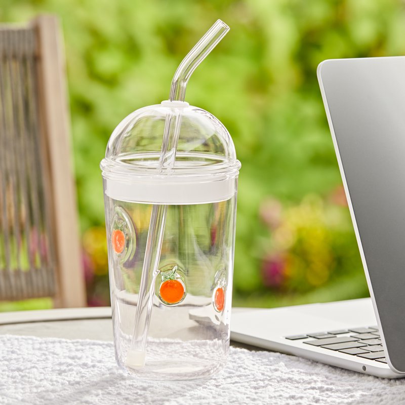 16 oz Glass Tumbler Sipper with Lid & Straw - Orange