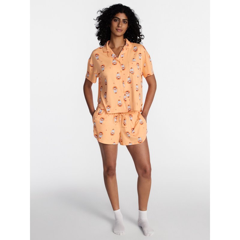 Salmon Notched Sleepwear Pajama Set for Women - Halloween 2-Piece M