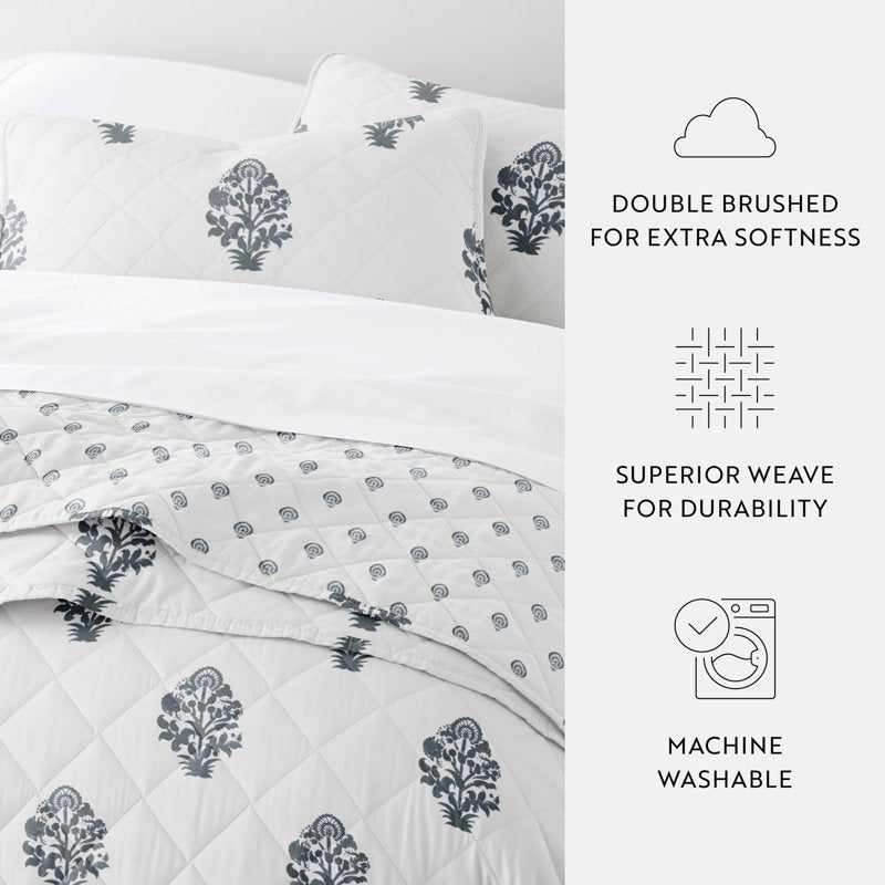 Queen Dusk Blue Reversible Quilt Set with Shams - Soft & Durable Bedding