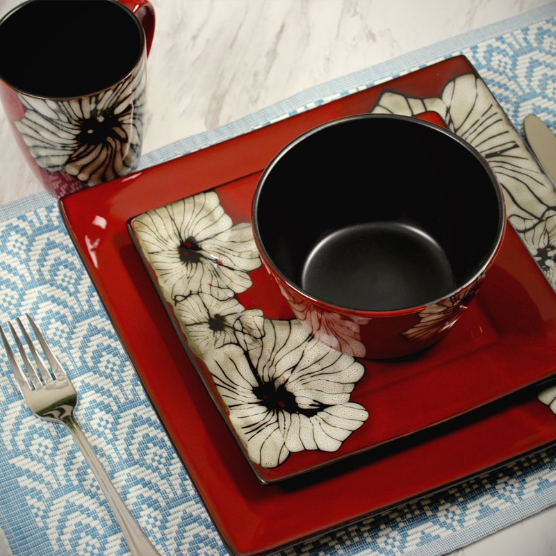 16-Piece Square Stoneware Dinnerware Set - Winter Bloom