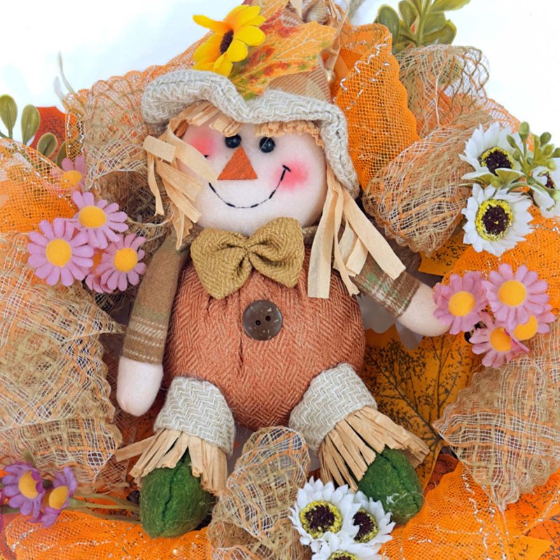 Lighted Fall Scarecrow Wreath for Front Door - 12.2 Inch Farmhouse Autumn Decor with Sunflowers & Daisies - Variation 724-8-12.2"