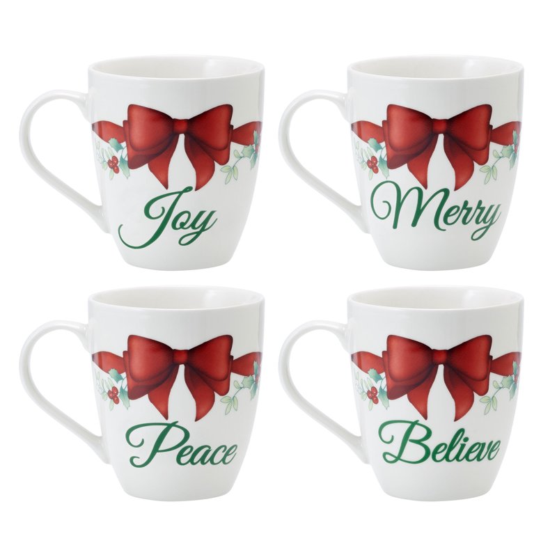 Winterberry Porcelain Mug Set - 20 oz, Set of 4 with Holiday Sentiments