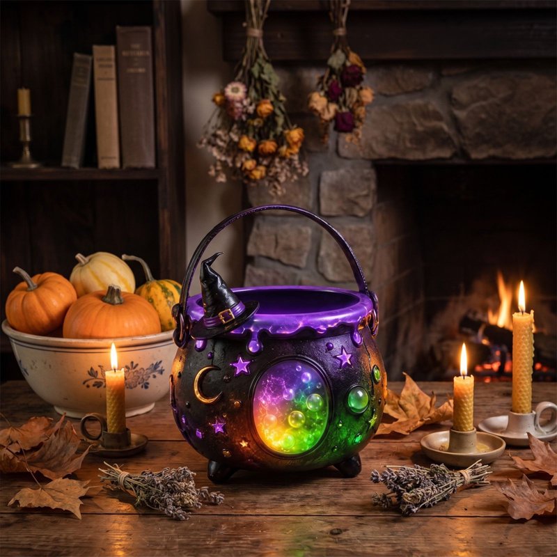 Halloween Witch Cauldron Candy Bowl - Light Up Resin Pot with Purple Starry Sky & LED Glow - Variation #031