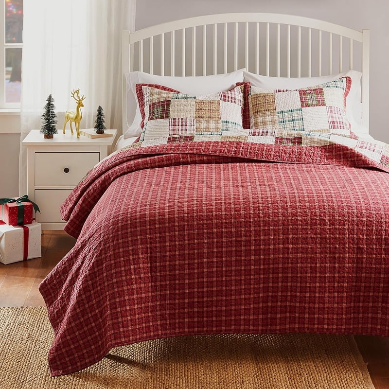 Twin-XL Greenlaand Home Fashions Oxford Cotton Quilt Set - Reversible, Red Plaid