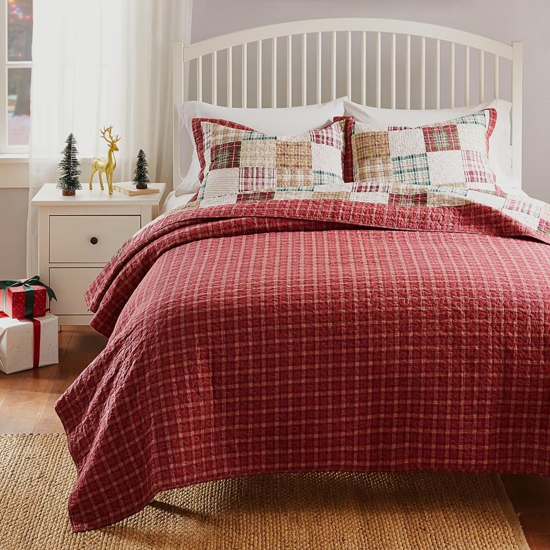 Full/Queen Reversible Cotton Quilt Set with Pillow Shams - Red, 3-Piece