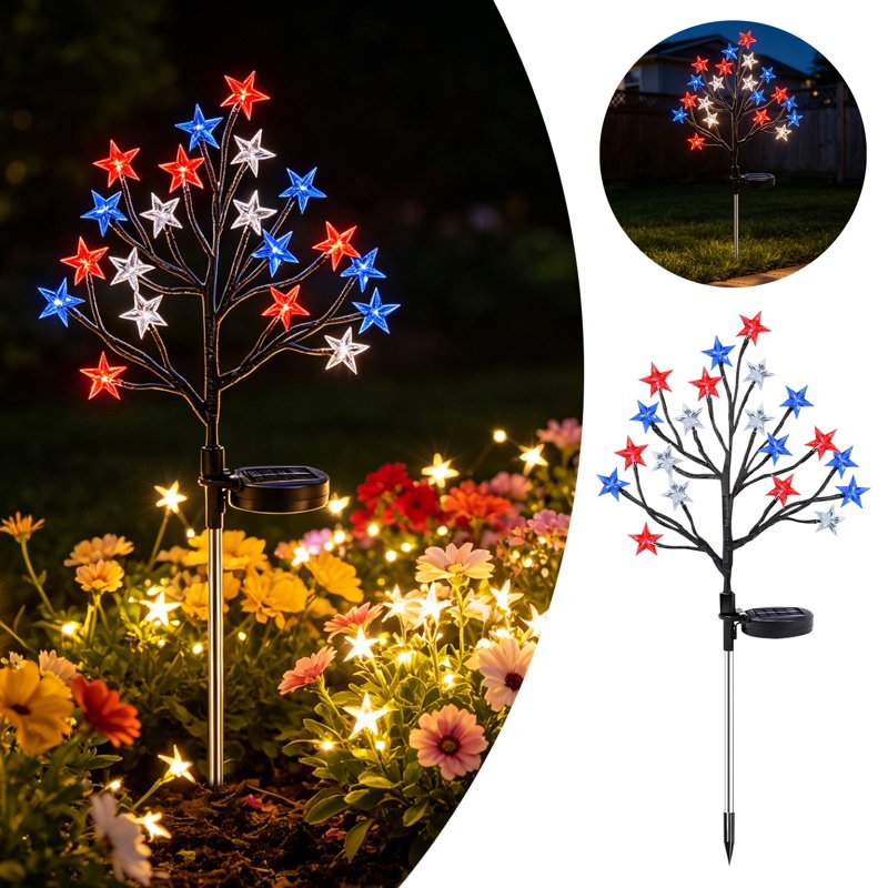 Patriotic Solar Garden Lights - 2 Pack 4th of July Red White Blue Star Outdoor Decor G